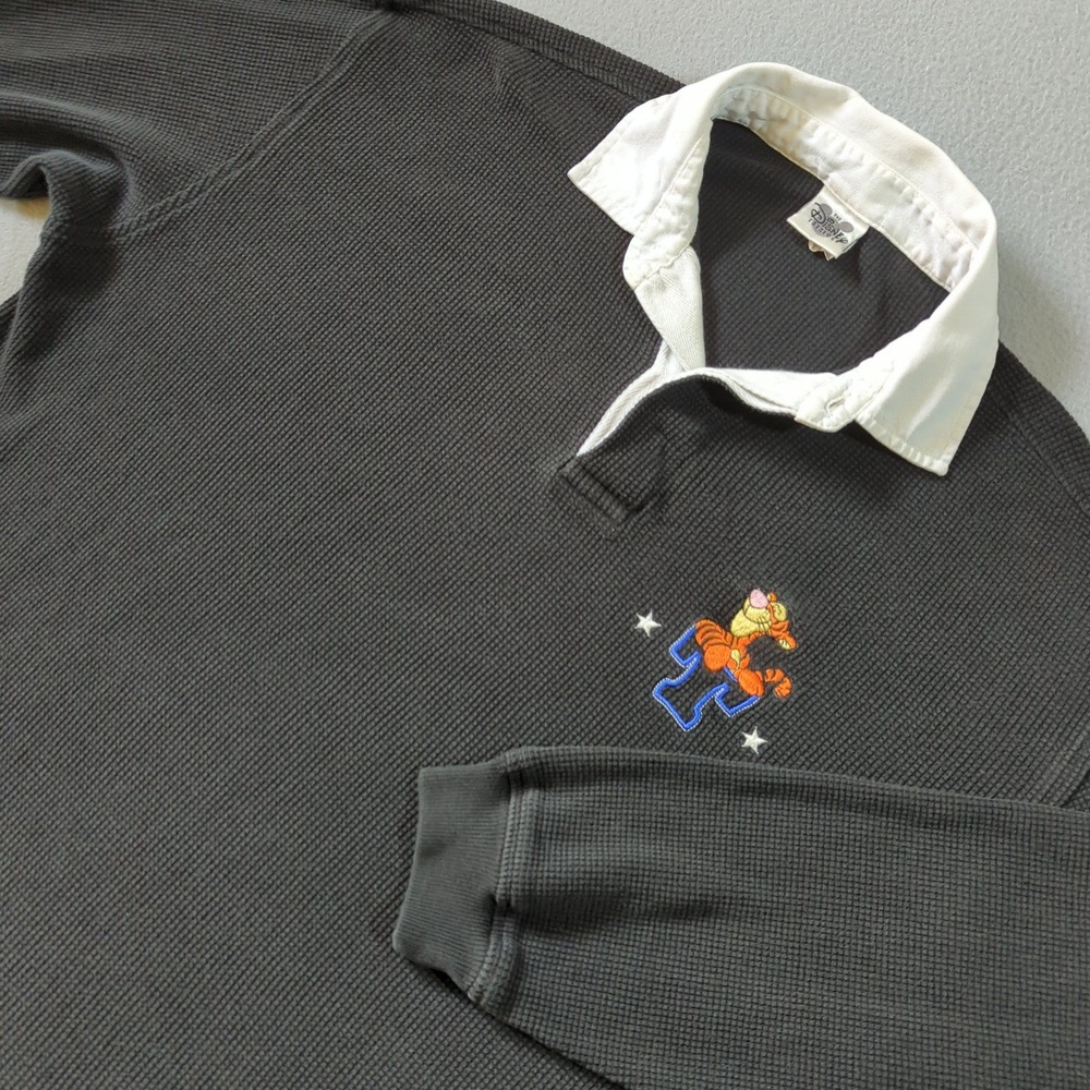 Vintage Disney Catalog Tigger Waffle Knit Rugby Shirt Black‎ White Collar Mens L